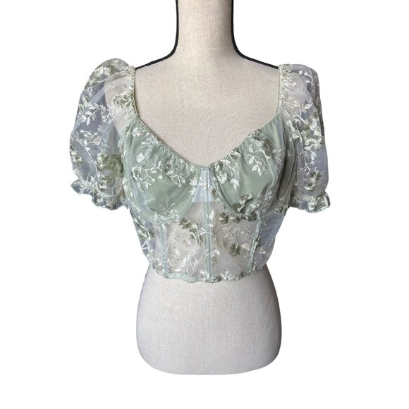 NWT Romwe Floral Embroidered Sheer Mesh Puff Sleeve Crop Top Green White XXL - Picture 1 of 4